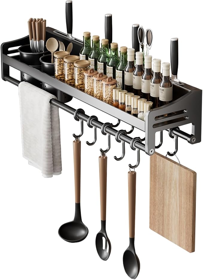 utensil hanger, wall mounted kitchen rail with hooks, waterproof hooks for kitchen utensils, easy installation without drilling (23.6 inches, Cups, 2)