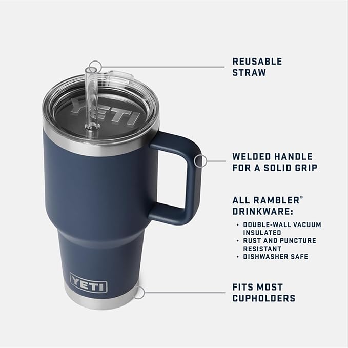 YETI Rambler 35 oz Straw Mug 2.0 - Double-Wall Vacuum Insulation for Cold Beverages – Dishwasher Safe – Cupholder Compatible – Reusable Straw – Comfortable Grip Handle – Travel Mug - Cape Taupe