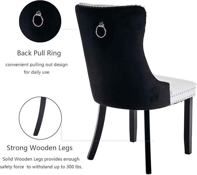 Dining Chairs Set of 2, Upholstered Dining Room Chairs with Back Ring Pull Trim and Solid Wood Legs, Modern Tufted Kitchen Chairs Perfect for Dining Room, White Pu Leather Splicing Black Velvet