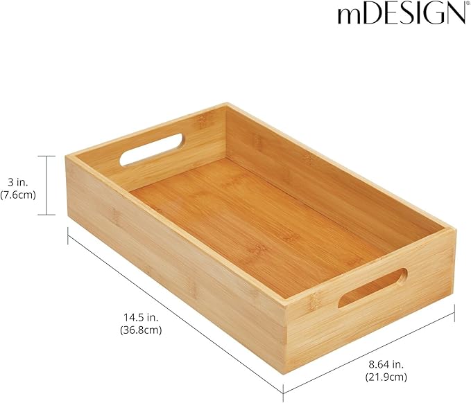 mDesign Wide Bamboo Kitchen Cabinet & Fridge Drawer Organizer Tray - Storage Bin with Handles for Cutlery, Serving Spoons, Cooking Utensils, Appliances - Echo Collection, 2 Pack, Natural Wood