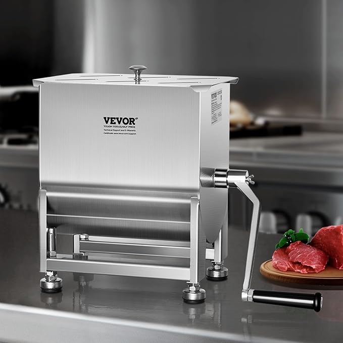 VEVOR Manual Meat Mixer, 15 Pound Capacity Tank Meat Processing Equipment, Stainless Steel Meat Mixer, Sausage Mixer Machine with Lid and Handle, Ground Beef Hand Mixer, Silver(Manual Only)