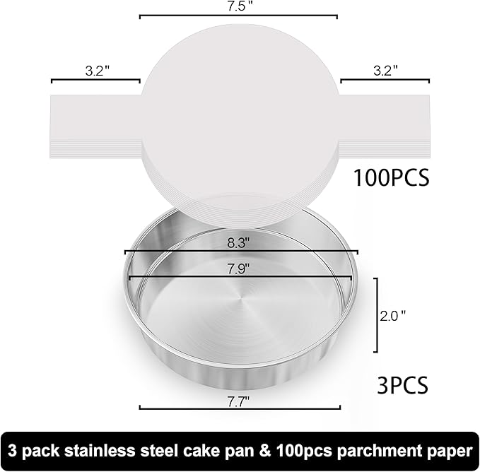 8 Inch Cake Pan Set of 3, Nonstick Stainless Steel Round Layer Cake Baking Pans with 100PCS Parchment Papers, Cake Tins for Birthday Christmas, Healthy & Non-Toxic, Easy Clean & Dishwasher Safe