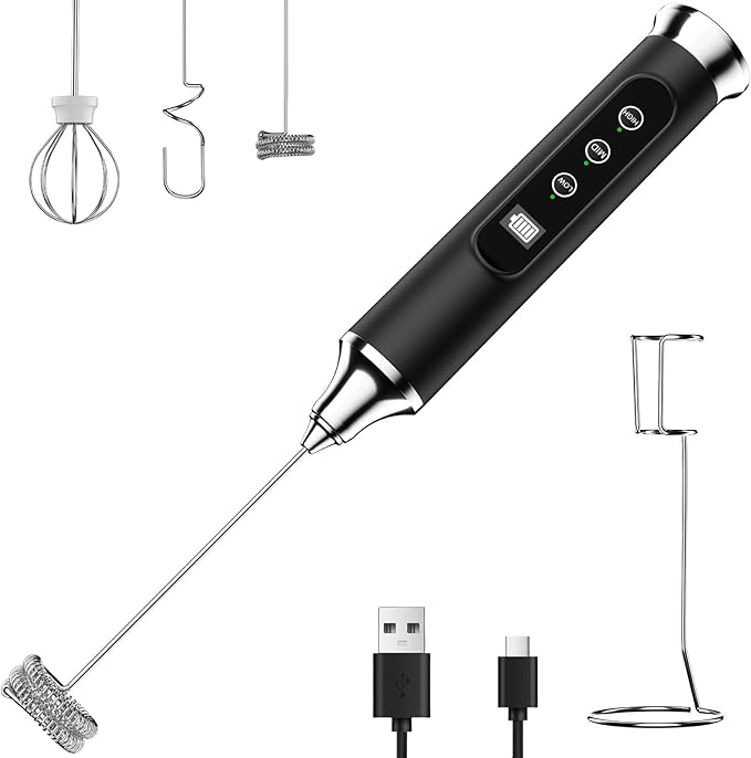 YUSWKO Black Milk Frother Wand for Coffee with Stand, Handheld Coffee Frother, Rechargeable Drink Mixer, Waterproof Electric Whisk
