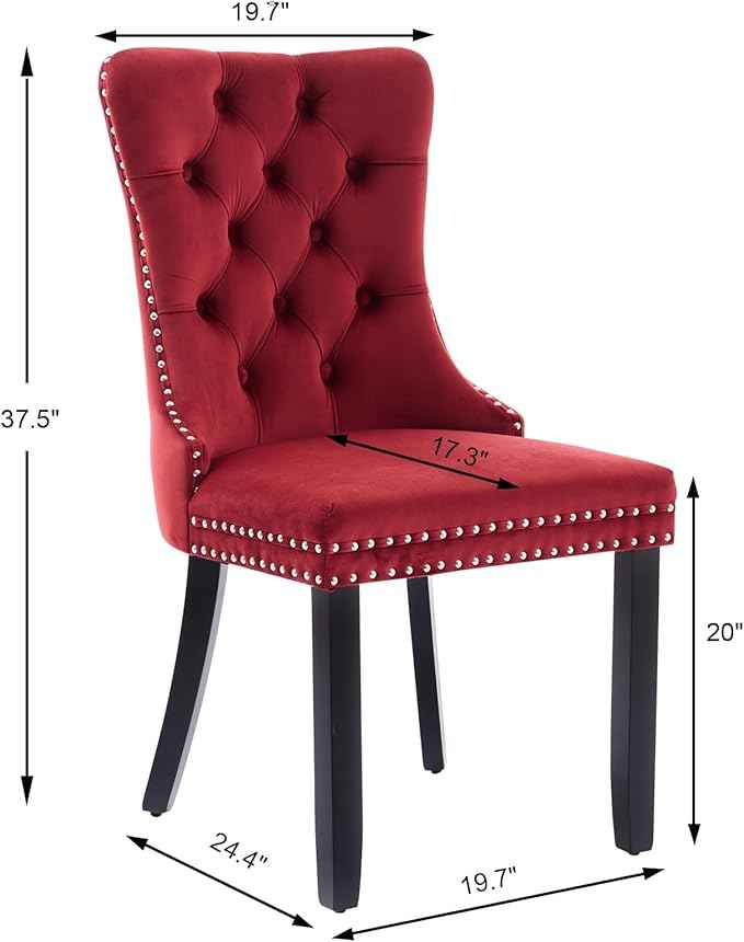 Velvet Dining Chairs Set of 6, Upholstered Dining Room Chairs with Back Ring Pull Trim and Solid Wood Legs,Tufted Wingback Kitchen Chairs for Dining Room,Kitchen(Wine Red)