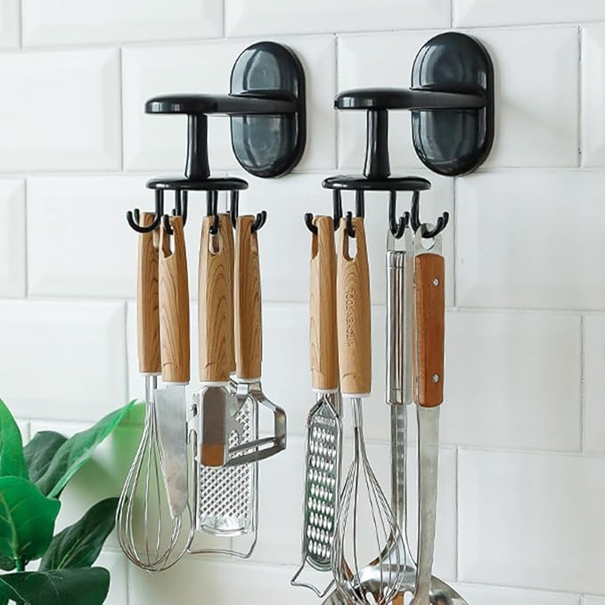 OUNONA Rotatable 8-Claw Adhesive Wall-Mounted Utensil Hook Black, Non-Punch Kitchen and Bathroom Hanging Organizer for Cooking Tools and Storage