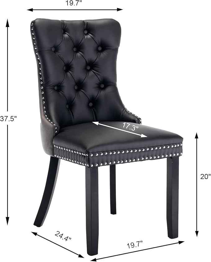 Dining Chairs Set of 4, Upholstered Dining Room Chairs with Back Ring Pull Trim and Solid Wood Legs, Modern Tufted Kitchen Chairs Perfect for Dining Room, Black Pu Leather Splicing Grey Velvet
