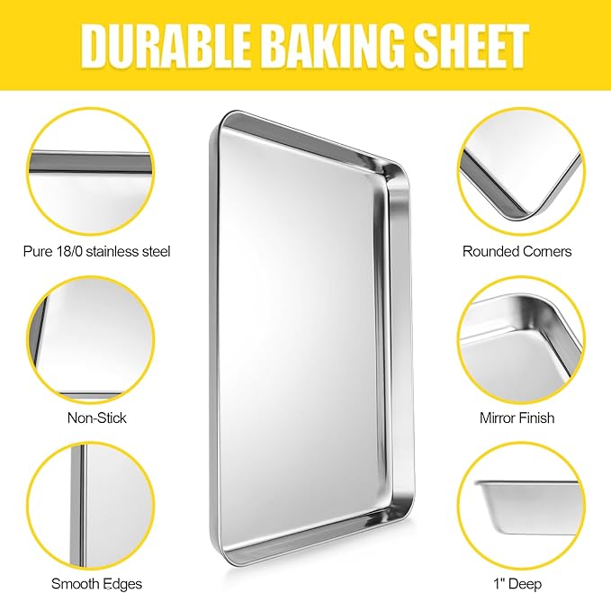 Terlulu Baking Sheet, Cookie Sheet, Stainless Steel Baking Pan, 2 Piece-16''x 12'' x 1'', Sheet Pan for Oven, Jelly Roll Pan, Baking Tray for Baking&Roasting, Nonstick&Nontoxic&Easy Clean