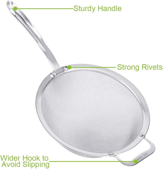 9" Large Mesh Strainer, Stainless Steel 18/8 Extra Fine Quinoa Sieve, with Solid Sturdy Handle, Flour Filter with Wider Hook