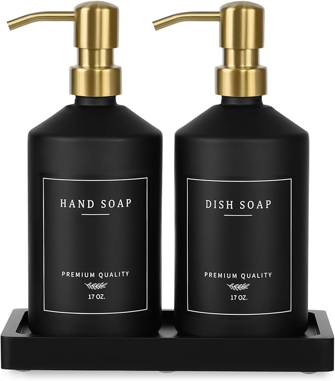 Black Glass Kitchen Hand and Dish Soap Dispenser Set, Bathroom Soap Dispenser Set with Tray and Stainless Steel Pump, Gold Kitchen Accessories (Black Bottle/Gold Pump)