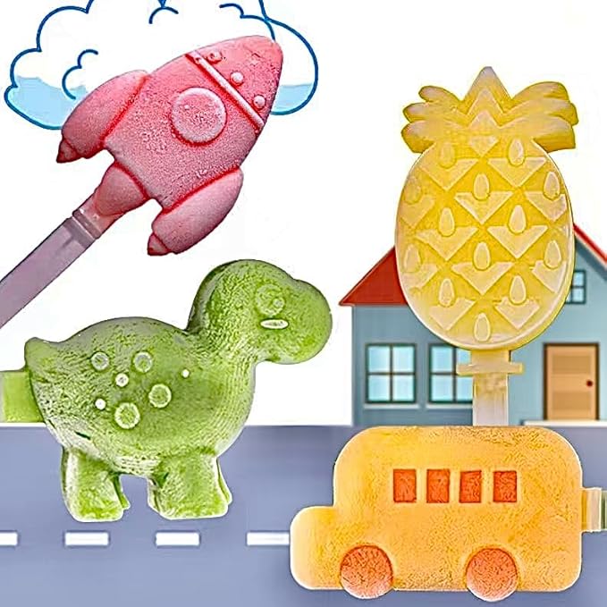 3 Pcs Cute Silicone Ice Cube Mold Set For Toddlers and Kids, BPA-Free Food Grade Ice Tray, Homemade Frozen Popsicle Maker Mold (3 PCS（dinosaur*1+airplane*1+car*1))
