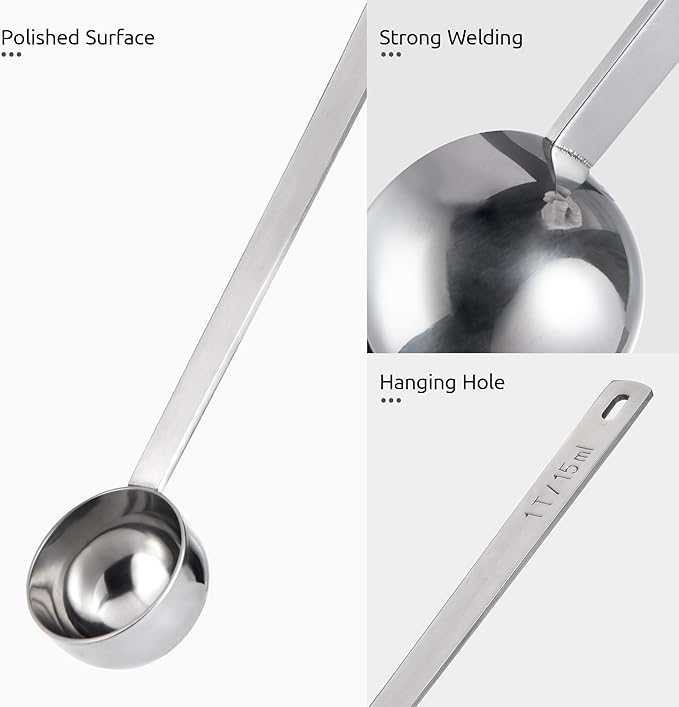 U-Taste Coffee Scoop 1 Tablespoon: 18/8 Stainless Steel Measuring Scooper for Ground Coffee, Bean, Powder, Espresso, 8.5in Extra Long Handle Metal Meaure Spoon for Canister, Jar (1Tbsp/15ml, Silver)
