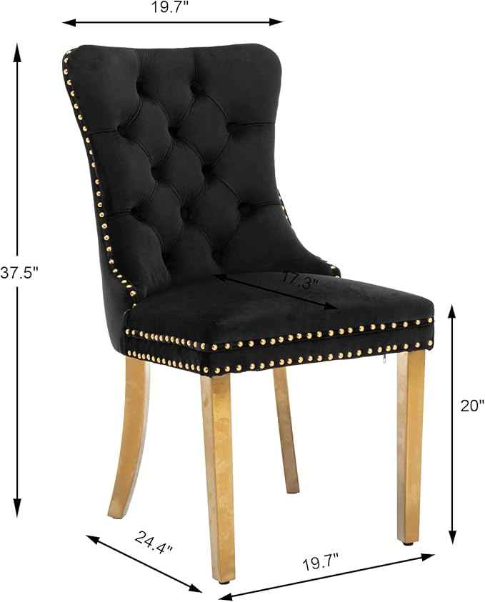 Black Dining Chairs Set of 2, Velvet Upholstered Dining Room Chairs with Back Ring Pull Trim and Golden Stainless Steel Legs, Tufted Wingback Chair Perfect for Dining Room,Kitchen(Black)