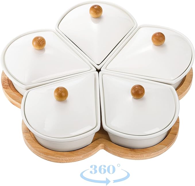 yarlung Lazy Susan Divided Serving Dishes Appetizer Tray, 5 Removable Ceramic Snack Bowls with Lids and Bamboo Platter, Relish Tray Nuts Dishes for Chips, Fruits, Candy