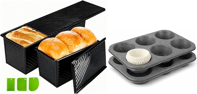 Family-Size Bread Pan and Large Muffin Pan Set of 4, Black Pullman Loaf Pans (2.2lb & 1lb) with Lids, Jumbo Muffin Pans with 50Pcs Liners, Non-Stick for Large Gatherings & Small Batch Baking