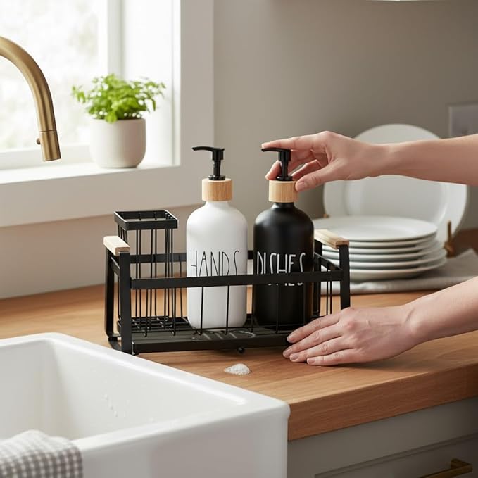 Kitchen Dish Soap Farmhouse Dispenser Set with Sink Caddy, 16OZ Glass Bottle, Hand and Dish Soap Dispenser Set, Non-Slip Silicone Pad, Brush Holder