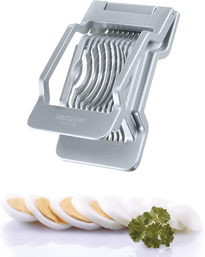Westmark Egg Slicer Justus for Hard Boiled Eggs with Individually Tensioned Stainless Steel Wire Cutters, German Heavy Duty Aluminium Slicer for Round & Oval Eggs, Dishwasher Safe, Grey