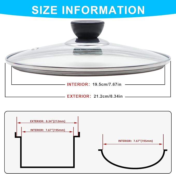 Glass Lid for Frying Pan Tempered Glass Pot Lid with Stainless Steel Rim for 8 Inch Frying Pan Wok Pot Skillet (8 Inch)