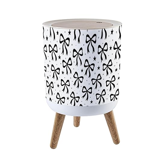 Trash Can with Lid Bow ribbon seamless print white black Christmas Cute crayon bows Press Top Round Small Garbage Bin with Wooden Legs Waste Basket for Kitchen Bedroom Nursery 7L/1.8 Gallon