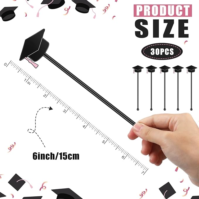 SiliFine 30 Pcs Graduation Cap Drink Stirrers Graduation Stir Sticks Coffee Stirrers Cocktail Mixers Plastic Swizzle Sticks Hot Cocoa Bar Supplies for Party Bar Coffee Tea Favors (Pink)