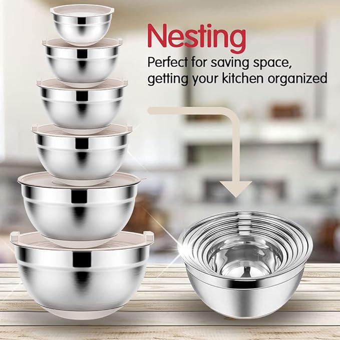 Rottay Mixing Bowls Set with Airtight Lids: 20PCS Stainless Steel Nesting Bowls - Size 7, 4, 3, 2, 1.5, 1QT Bowls with 3 Grater Attachments & Non-Slip Bottoms for Baking & Prepping