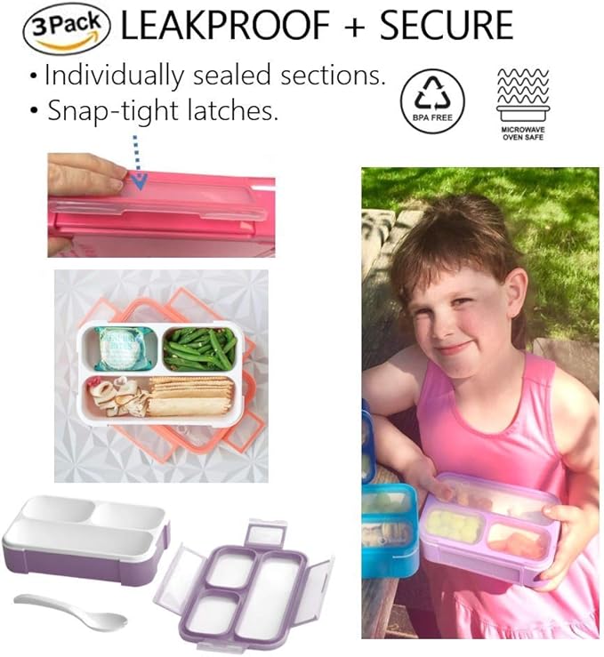 Small Snack Containers for Kids Toddlers - 3 Compartments (Set of 3) - Leak-Proof Reusable Boxes with Lids -BPA-Free Plastic Mini Bento Lunch Box - Ideal for School, Holds 2 Cups (Pink+ Purple+ Coral)