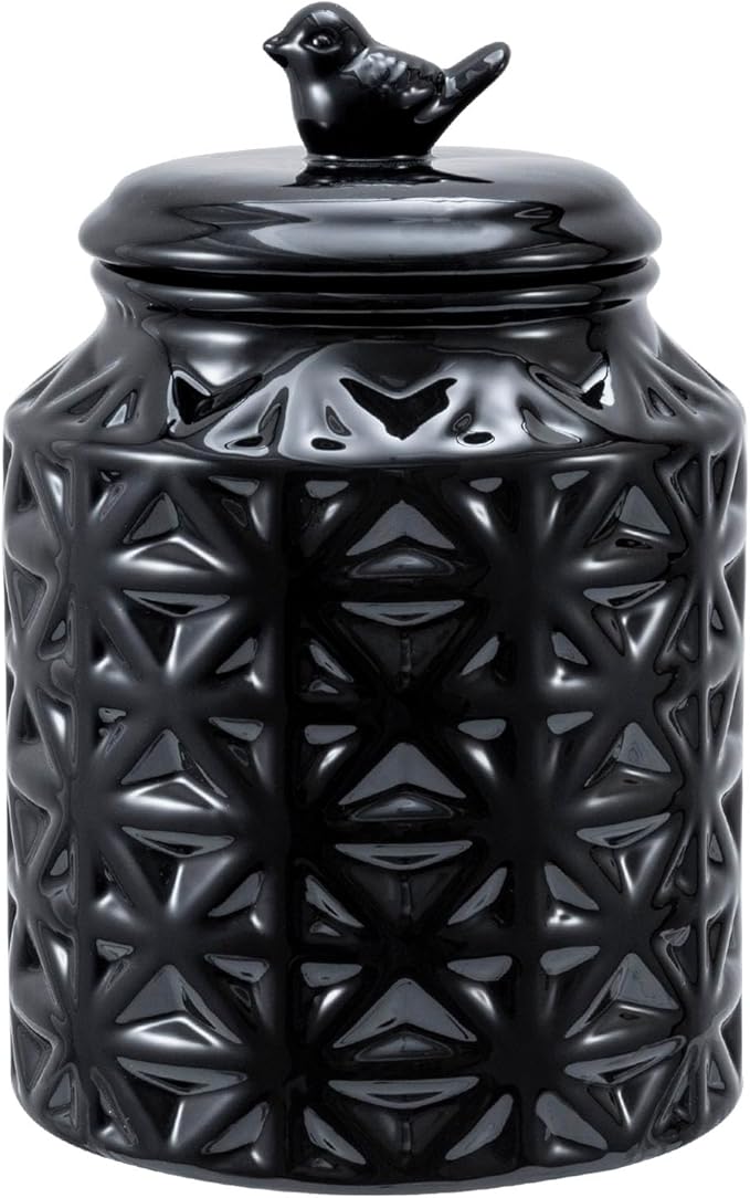 MyGift 6 Inch Round Black Ceramic Cookie Jar with Airtight Lid and Bird Shape Top Handle, Vintage Style Kitchen Canister with Embossed Geometric Star Pattern