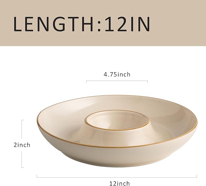 LEHAHA 12.25 inch porcelain Chip and Dip Serving Set, Ceramic Platters for Cheese, Appetizers &Chips Salsa, Fruit and Veggies, Divided Serving Trays for Family Gathering and Parties, Dark Creamy