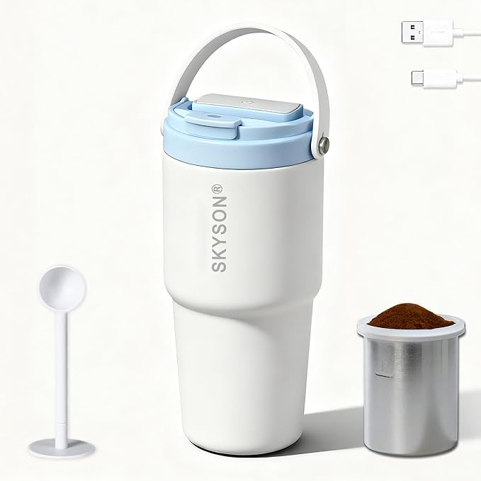 Portable Coffee Maker Mug for Travel,Mini Espresso Coffee Machine,20 oz Thermos Cup with Lid Fast Extraction Electric Filter Brewer,Insulated Stainless Steel Tumbler(White)