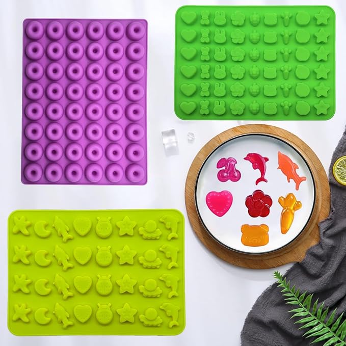 Gummy Candy Molds - Silicone Gummy Dinosaur/Marine Animal/Donut/Small Hearts Shapes/Fruit Snack Mold with 2pcs Dropper,Non-stick and Bpa Free for Mini Candy Chocolate Gummies Baking