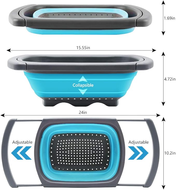 QiMH Collapsible Colander Set of 3-2 PC 4 Quart and 1 PC 6 Quart Over the Sink Colander - Food-Grade Sturdy Plastic Base - Round Space-save Silicone Kitchen Foldable Food Strainer