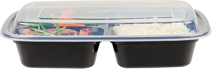 Restaurantware Asporto 26 Ounce Compartment Take Out Boxes 100 Microwavable Meal Prep Containers - 3 Compartments With Clear Plastic Lids Black Plastic Food Containers Do Not Contain BPA
