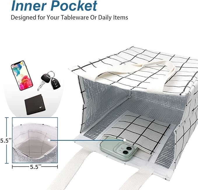 iknoe Insulated Lunch Bag for Women & Adults, 9L Foldable Wide-Open Cooler Bag with Pockets, Leakproof & Portable, for Picnic, Office, Beach(White grid)