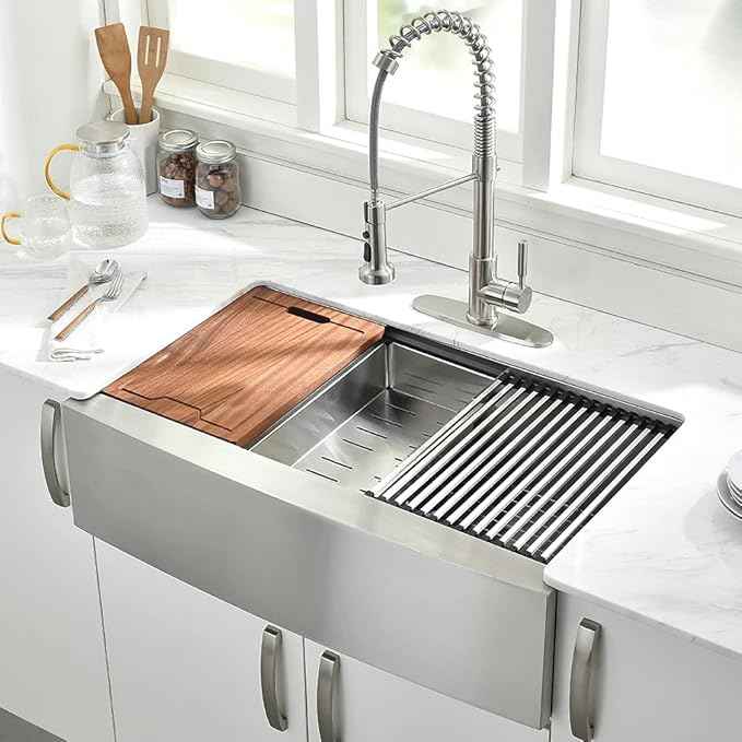 33Inch Farmhouse Sink Workstation -VOKIM 33"x22" Apron Front Kitchen Sink Single Bowl 16 Gauge Stainless Steel Kitchen Farm Kitchen Sinks with Accessories