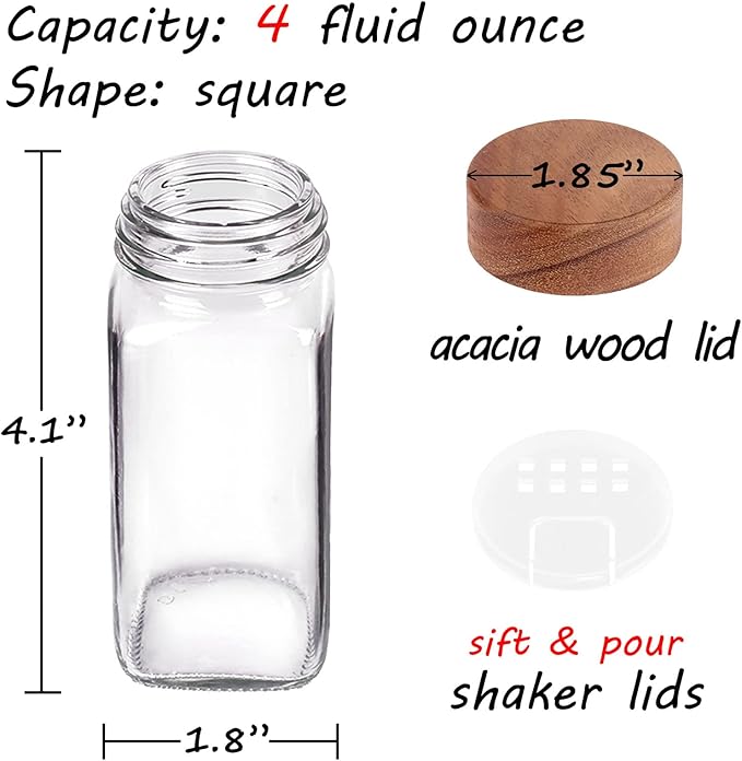 Churboro 36 Glass Spice Jars with 547 Labels with Shaker Lids - 4 Oz Square Spice Containers with Acacia Wood Lids, Chalk Pen, Funnel Seasoning Jars for Spice Rack, Cabinet, or Drawer