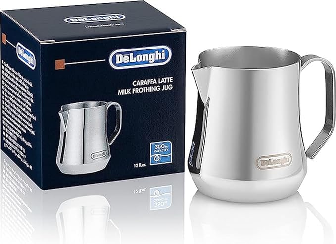 De'Longhi Stainless Steel Milk Frothing Pitcher, 12 ounce (350 ml), Barista Tool, Frother Jug for Espresso Machine Coffee Cappuccino Latte Art, DLSC0, 12 oz & DLSC058 Coffee Tamper