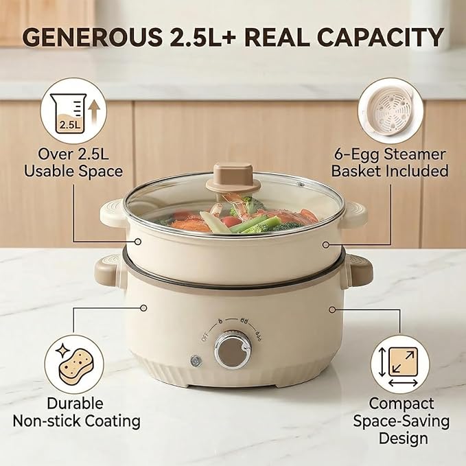 Versatile 2.5L Real Capacity Non-stick Electric Hot Pot Multicooker Glass Lid with Steamer Electric for Steaming, Boiling Stewing hotpot pots electric cooking ramen cooker Dorm