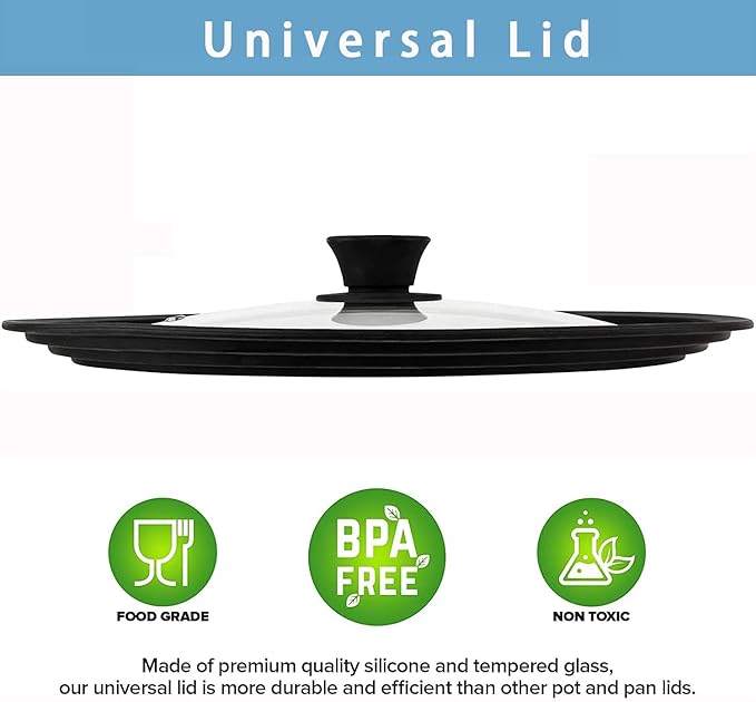 Universal Lid for Pots, Pans and Skillets - Tempered Glass with Heat Resistant Silicone Rim and Heat Resistant Handle Fits 9.5", 10.5" and 11" Diameter Cookware, Black
