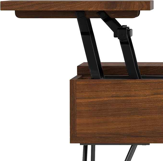 SIMPLIHOME Hunter Lift Top Coffee Table - 32 inch Wide Walnut Veneer and Metal Industrial Square Cocktail Table, Living Room Table with Dual Lift Tops, Hidden Storage and Hairpin Legs