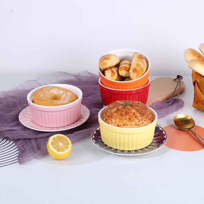Ramekins 4oz,Creme Brulee Ramekins and Souffle Dishes,Porcelain Oven Safe Baking Bowls,Pudding Cups,Dipping bowl,Set of 6,Color