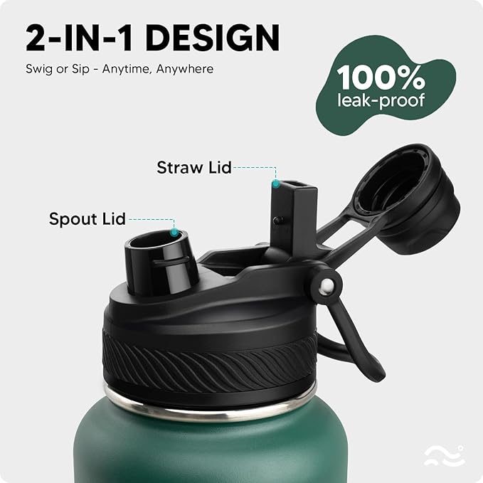 Swigina Insulated Water Bottle with Silicone Boot (36hrs Cold/18hrs Hot) - DIY Stickers, [2-in-1 Lid], BPA Free, 40 oz