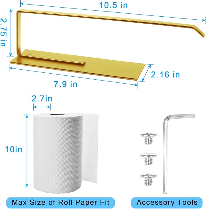 Gold Paper Towel Holder, Magnetic Paper Towel Holder for Fridge, Toilet Paper Roll Holder Magnet Towel Rack Wall Mount Fridge Organizer for Paper Towels Rolls Bathroom Pantry RV Kitchen Storage Golden