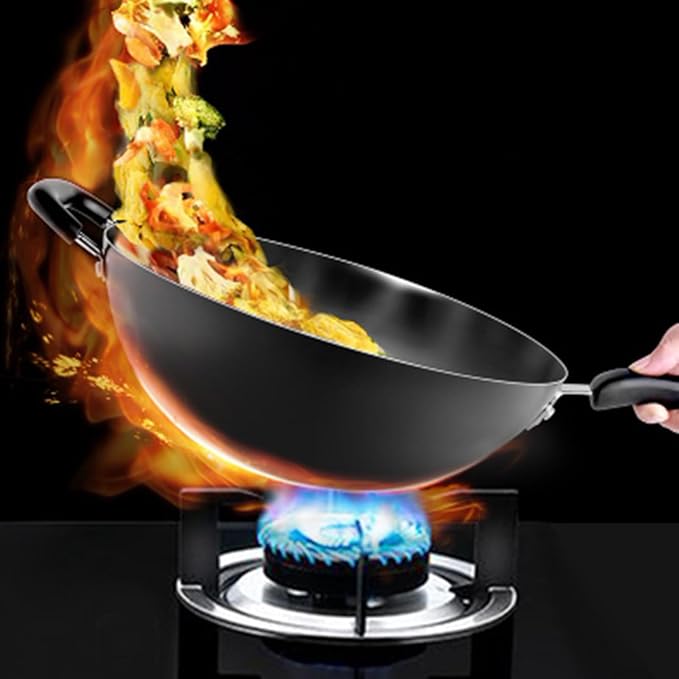 Carbon Steel Wok, Woks and Stir Fry Pans with Handle and Lid, Flat Bottom Chinese Stir Fry Wok, for Electric,Induction and Gas Stoves,Iron