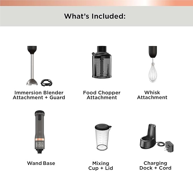 BLACK+DECKER Kitchen Wand Cordless Immersion Blender, 3 in 1 Multi Tool Set, Hand Blender with Charging Dock, Whisk, and Chopper, Grey (BCKM1013K01)