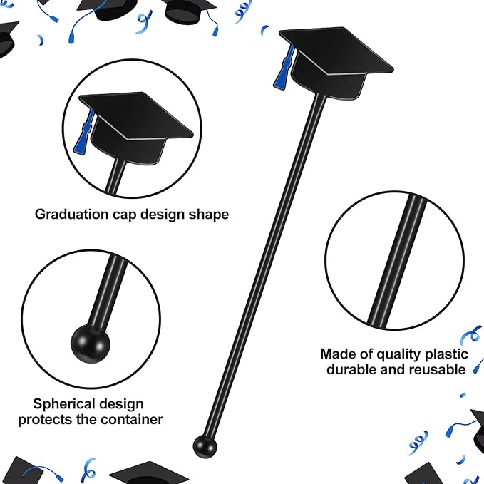 SiliFine 30 Pcs Graduation Cap Drink Stirrers Graduation Stir Sticks Coffee Stirrers Cocktail Mixers Plastic Swizzle Sticks Hot Cocoa Bar Supplies for Party Bar Coffee Tea Favors (Blue)