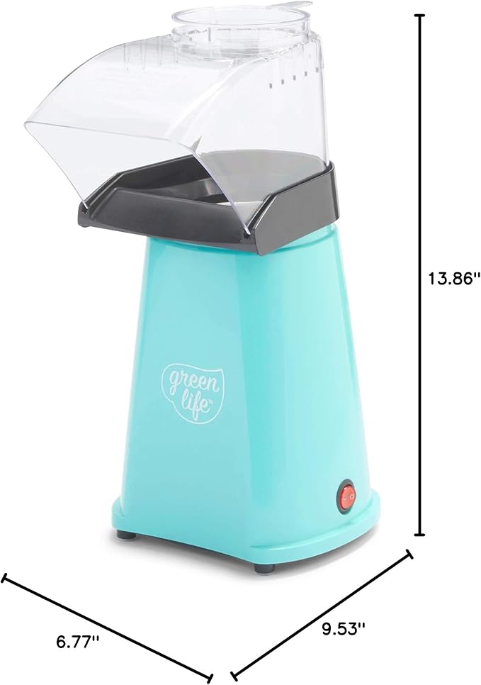 GreenLife Electric Popcorn Maker Hot Air Popper, Corn Kernal Measuring and Butter Melting Tray, Easy one Switch, Turquoise