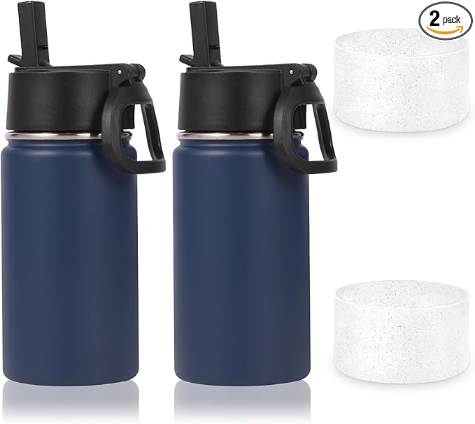 Volhoply 14oz KIds Water Bottle with Straw Lid and Silicone Boot Bulk 2 Pack,Stainless Steel Insulated Cups for Boys & Girls Multipack,Double Wall Vacuum Leakproof Bottles(Navy,2)