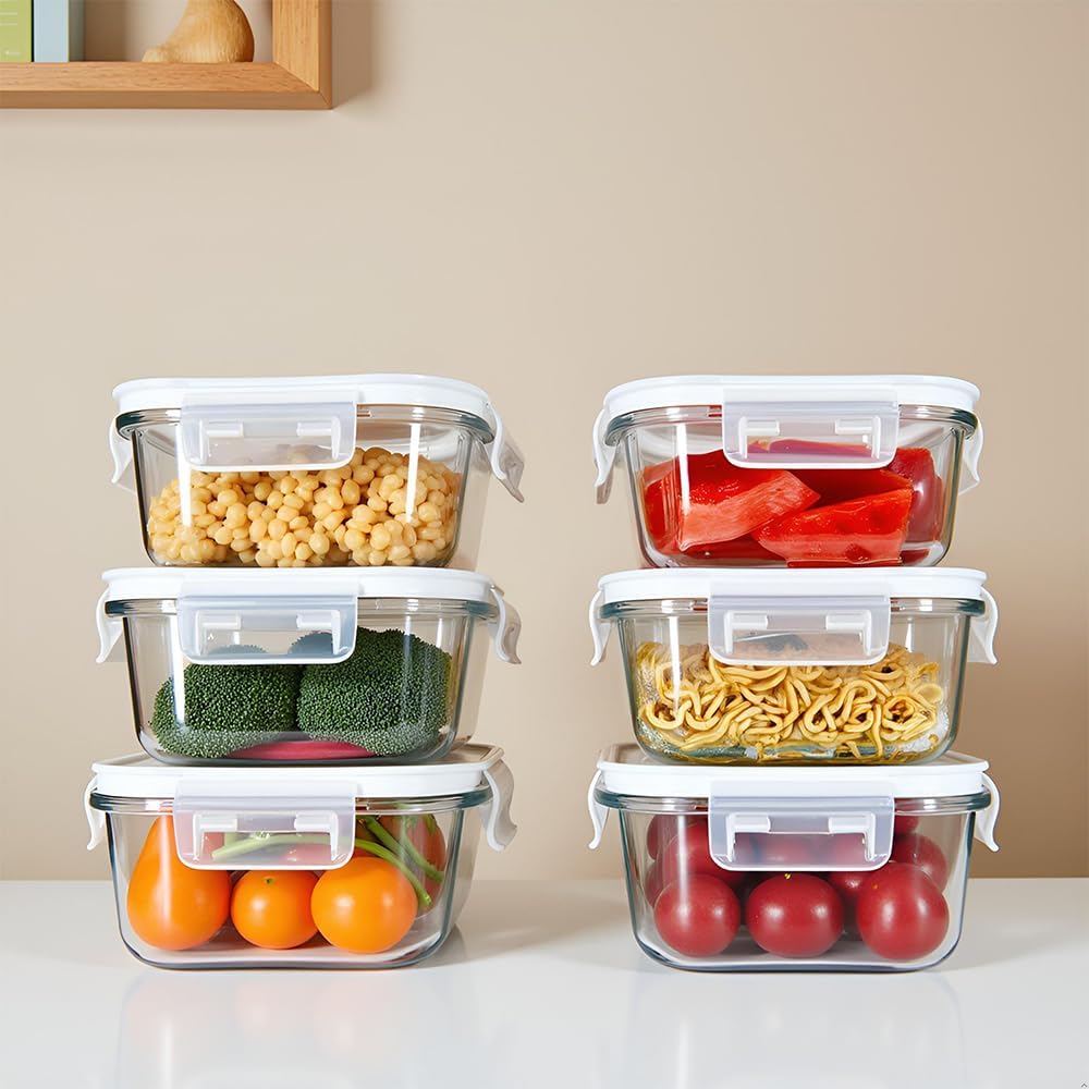 Square Glass Food Storage Containers, Small Square Storage Containers With Airtight Lids, 2Cup Glass Meal Prep Bowls, Leak-proof lunch Bowls, Dishwasher Microwave Freezer Safe -(White)