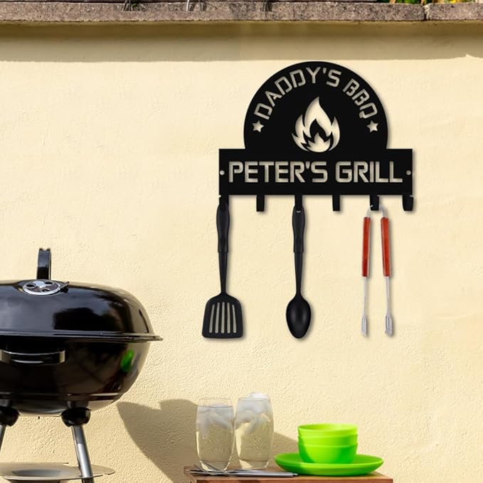 Personalized BBQ Cooking Utensils Wall Hooks Rack for Dad Custom Grilling Tool Organizer Barbecue Tool Metal Storage Holders Grill Cutlery Hanger Father's Day Utensils Hanging Hooks (Style 1)