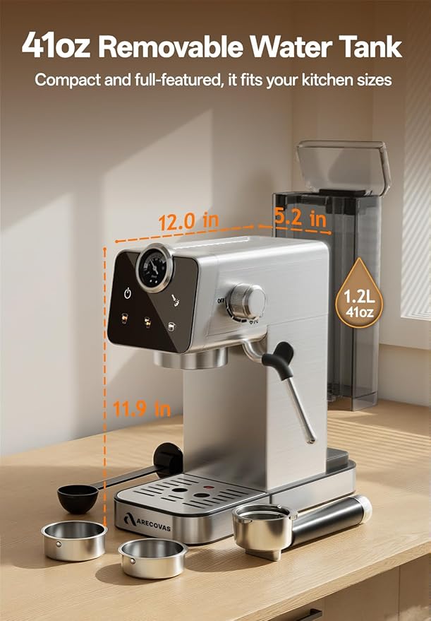 Arecovas Espresso Machine with Milk Frother, 20 Bar Compact Coffee Machine with Touch Screen & 41oz Water Tank for Home Use, Stainless Steel Espresso Coffee Maker for Americano, Cappuccino, Latte
