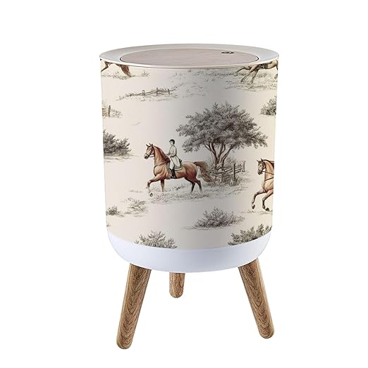 Trash Can with Lid Boho Modern Equestrian Art Vintage Horse Riders Trees Fences Scenes Press Top Round Small Garbage Bin with Wooden Legs Waste Basket for Kitchen Bedroom Nursery 7L/1.8 Gallon